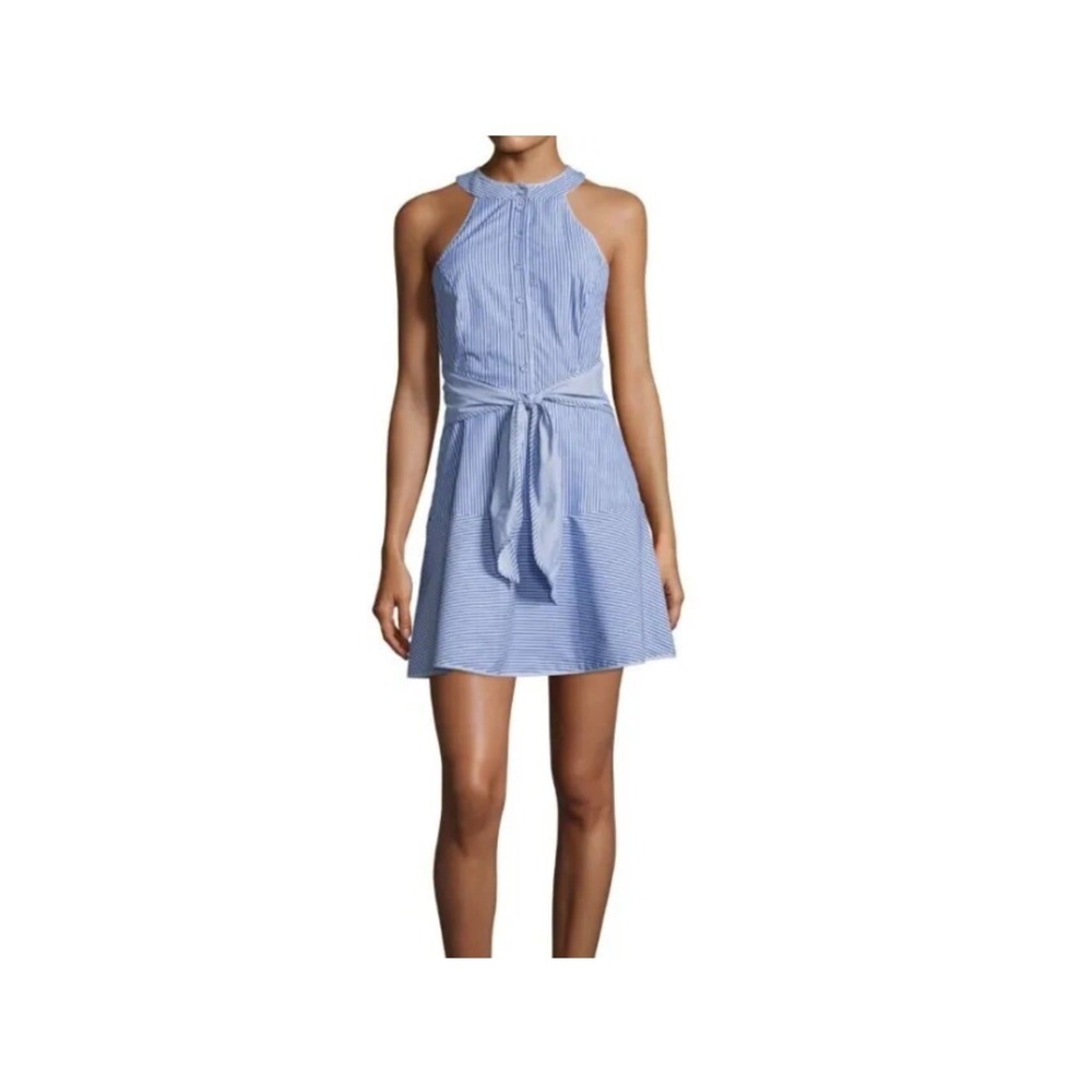 Parker Lauralie Striped Halter Mini Dress Blue White Seersucker 2 P7E3857NUS